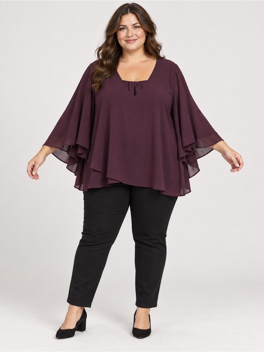 Chelsea & Theodore 3X Plum V-Neck Layered Bell Sleeve Blouse